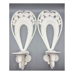 Vintage Syroco White Wall Sconces Pair Hollywood Regency Scroll Candle Holders